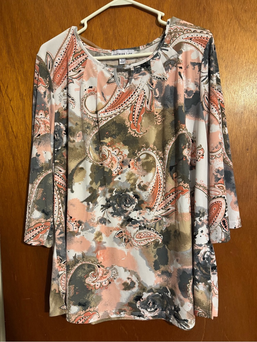 Southern Lady Coral, Gray & Cream Paisley-Print Tunic